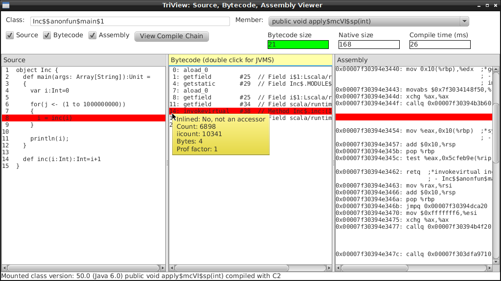 JITWatch inspection of Scala method not inlined